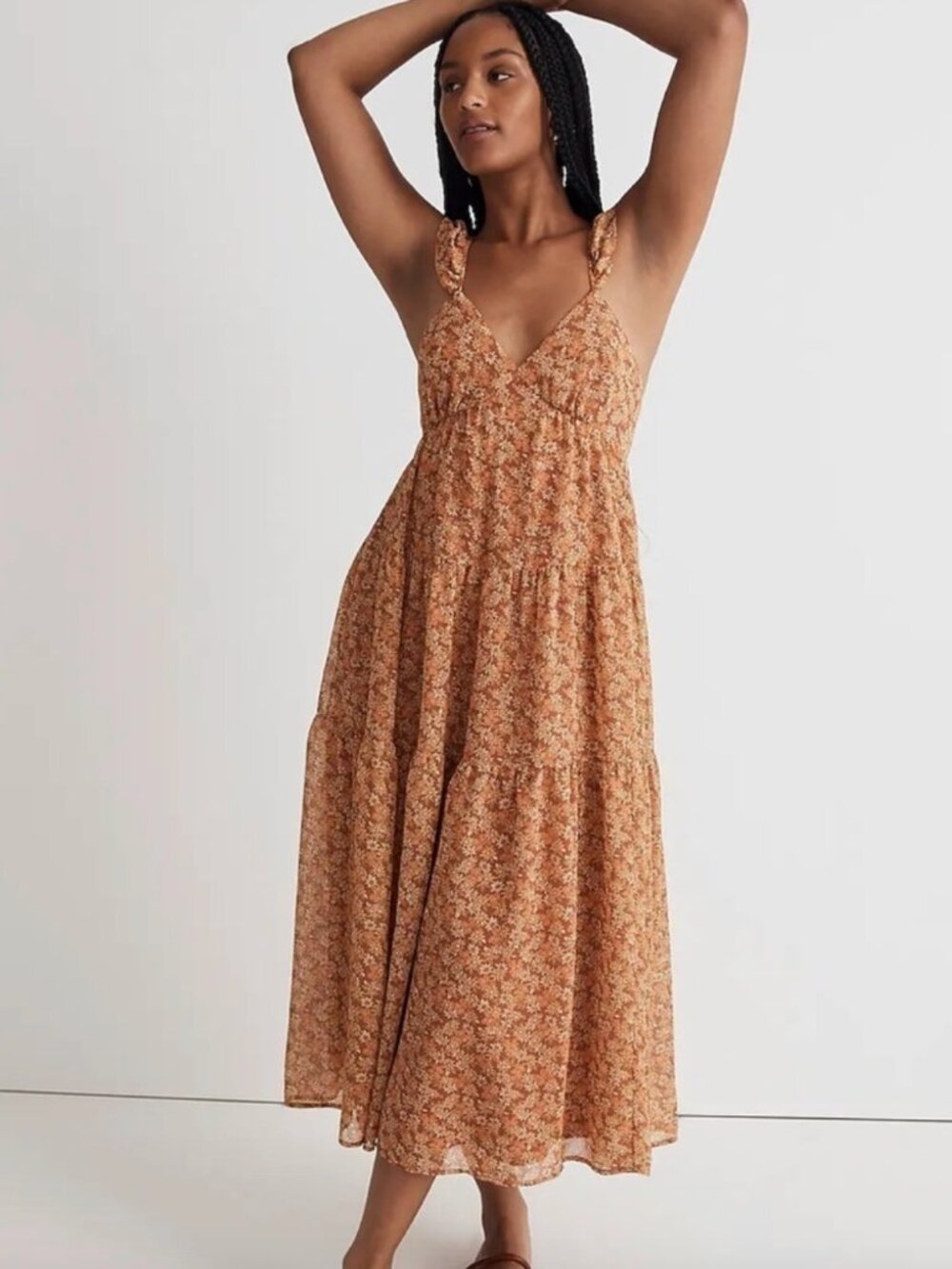 NWT! MADEWELL Georgette Ruffle-Sleeve Tiered Floral Midi Dress Daisy Meadow Sz 4